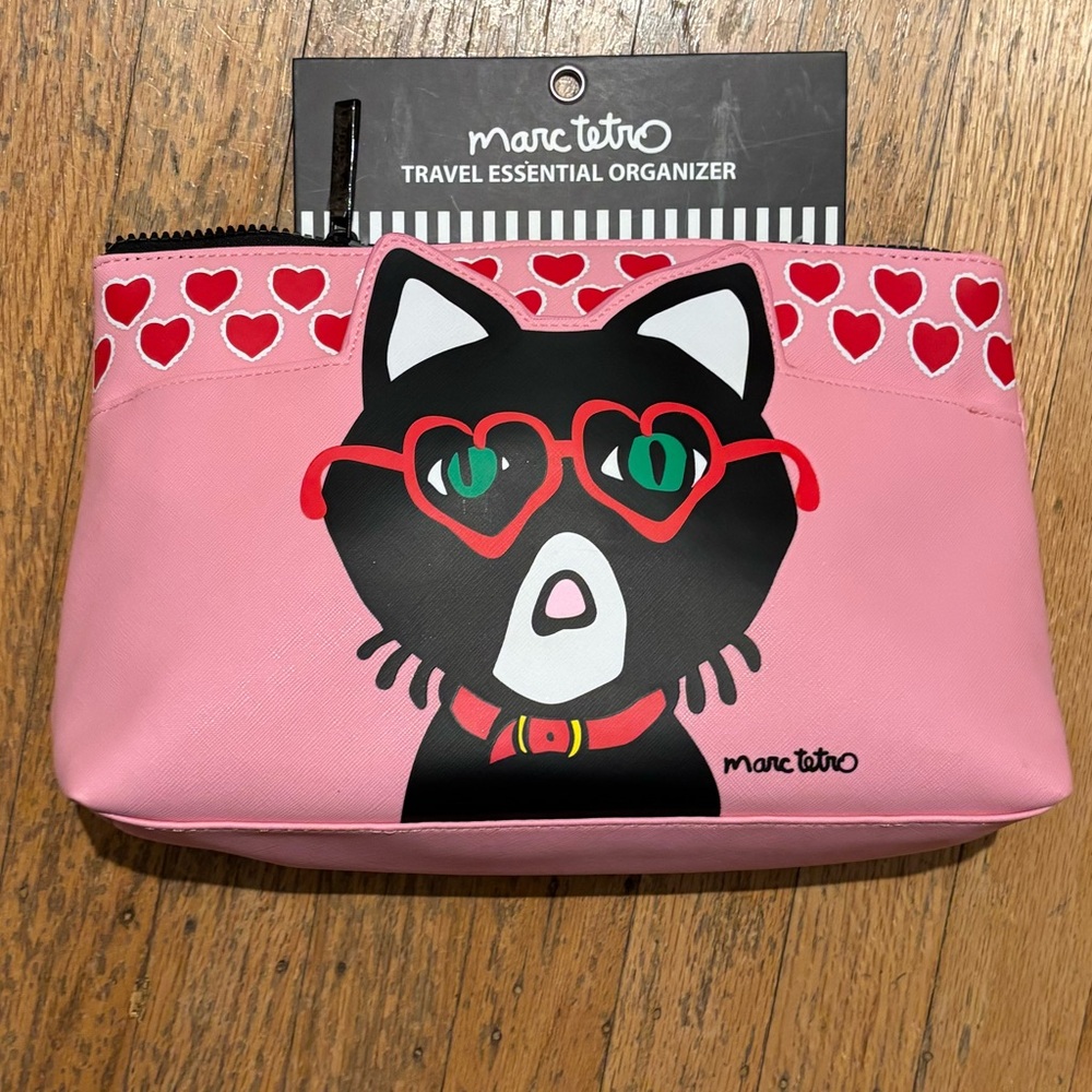 NWT Marc Tetro heart kitty cat travel essential organizer zip travel bag